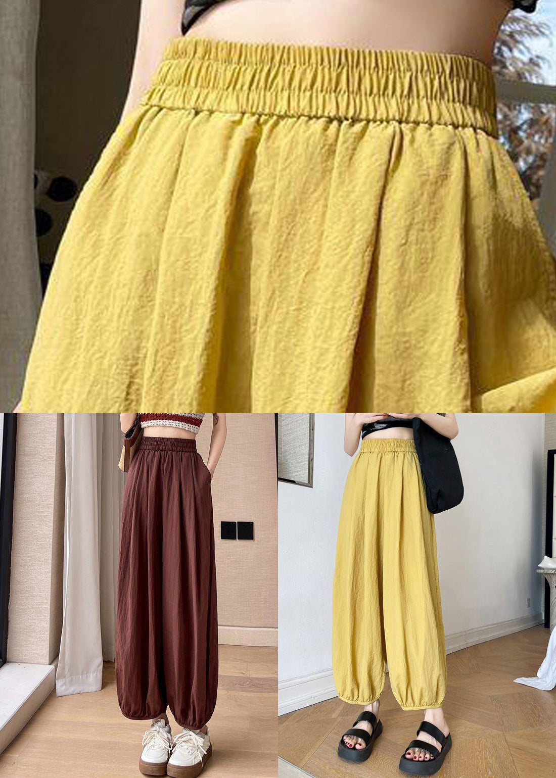 Pockets Elastic Pants Waist Brick Red Crop Solid Summer Cotton FashionChic