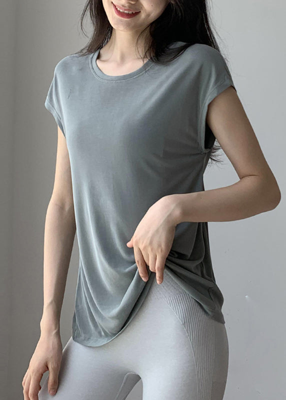 Blackish Solid Brief Wrinkled Sleeve O-Neck Short Green Top Yoga FashionChic