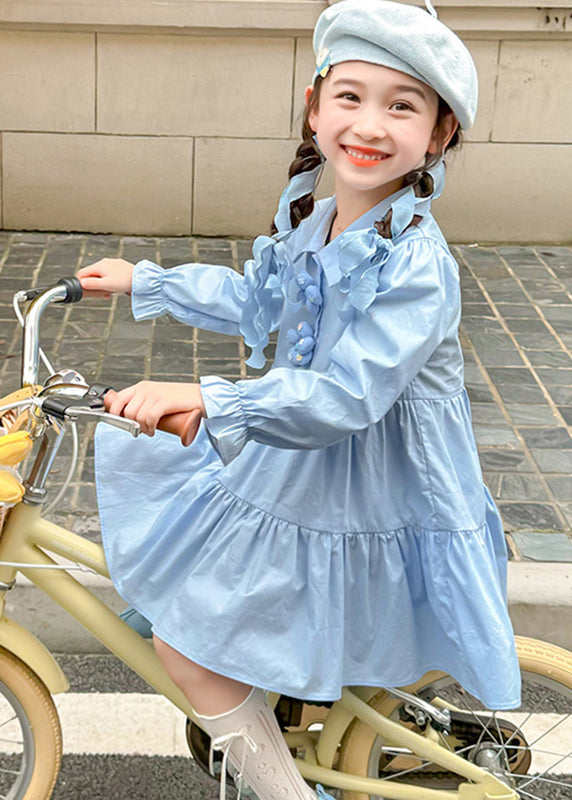 Brief Blue Peter Pan Collar Patchwork Floral Button Girls Maxi Dresses Long Sleeve YE030 ABC