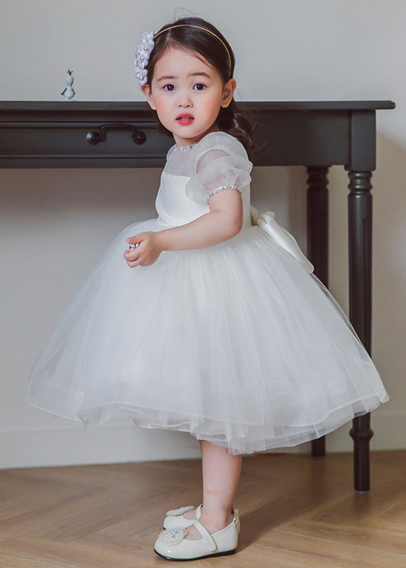 Brief White O-Neck Patchwork Tulle Girls Long Dress Summer YS036 ABC