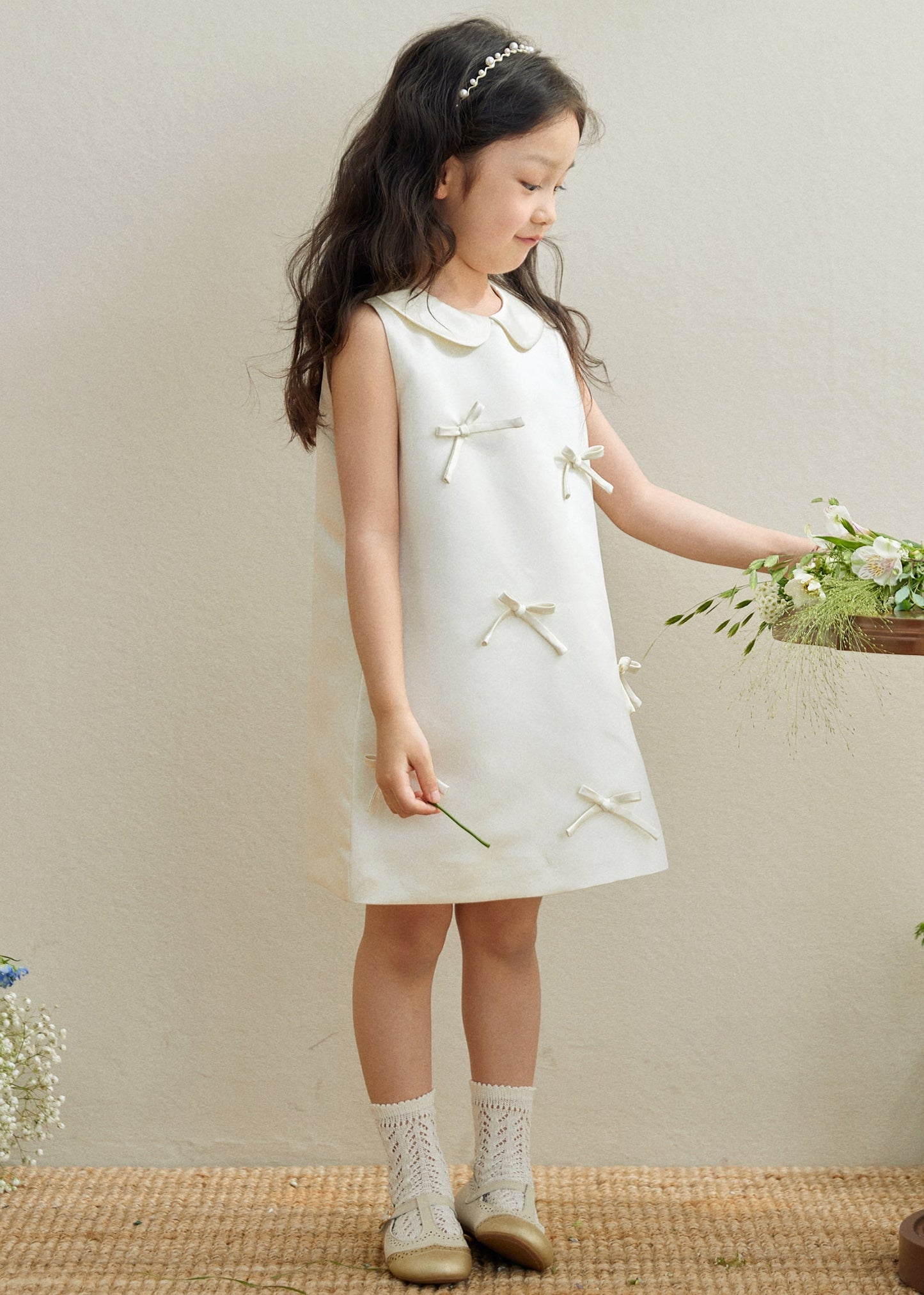 Brief White Peter Pan Collar Bow Kids Long Dresses Sleeveless QV003 WS-JRTZSDGL241026