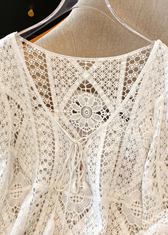 Hollow Lace Brief Shirt V White Out Neck Spring FashionChic