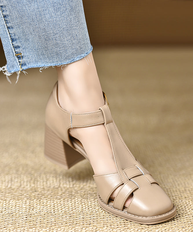 Fine Brown Leather Heel Cowhide Splicing Sandals Chunky FashionChic