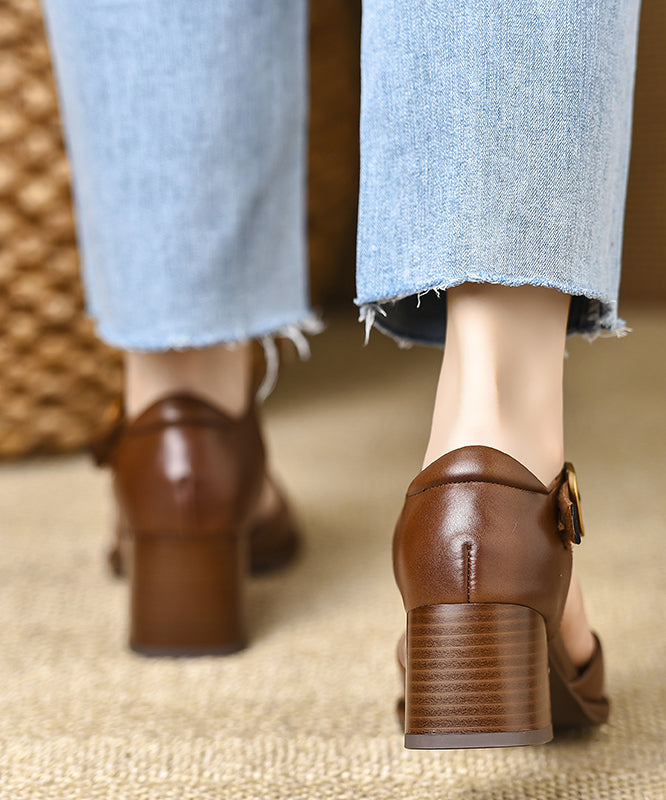 Fine Brown Leather Heel Cowhide Splicing Sandals Chunky FashionChic