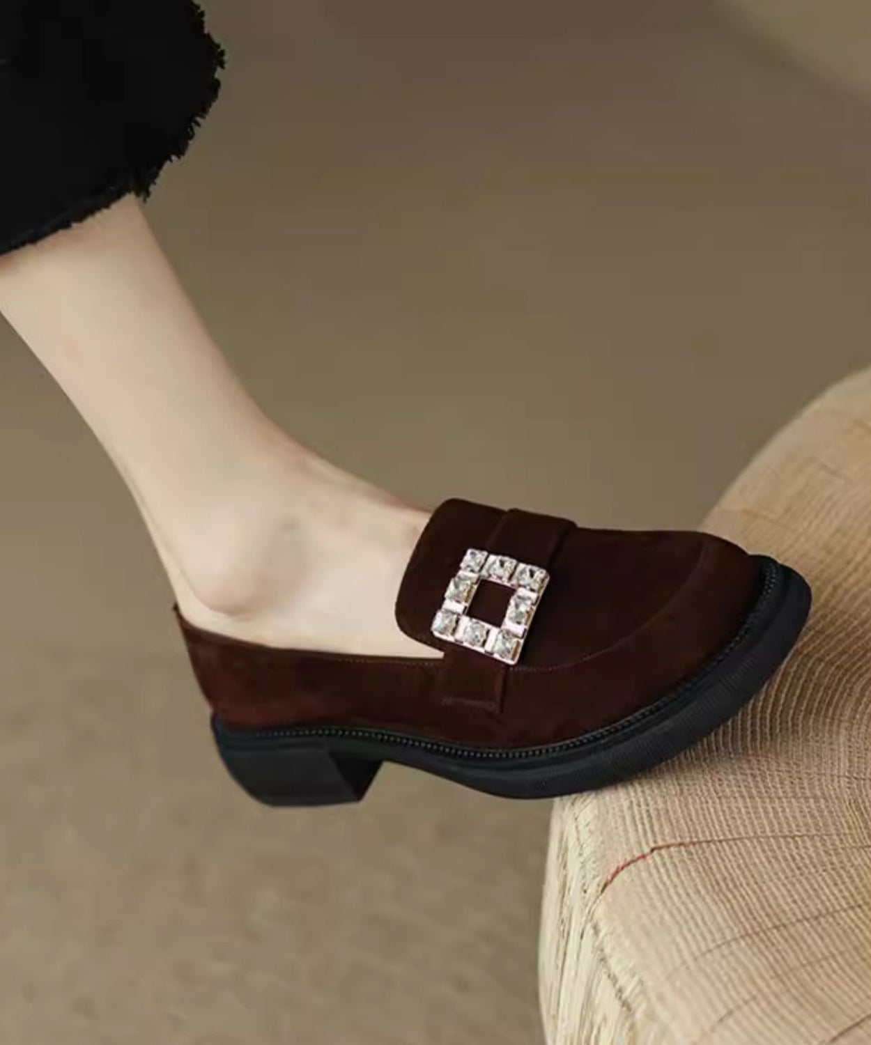 Brown Chunky Suede Casual Zircon Splicing Loafer Shoes TE019 ABC