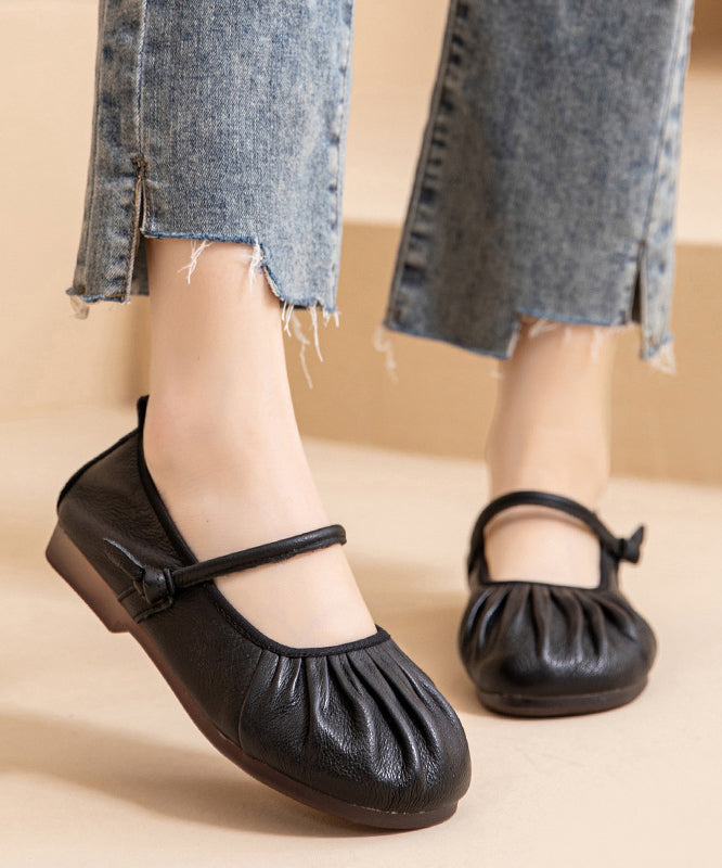 Wrinkled Splicing Cowhide Leather Comfy Women Shoes Flat Brown FashionChic