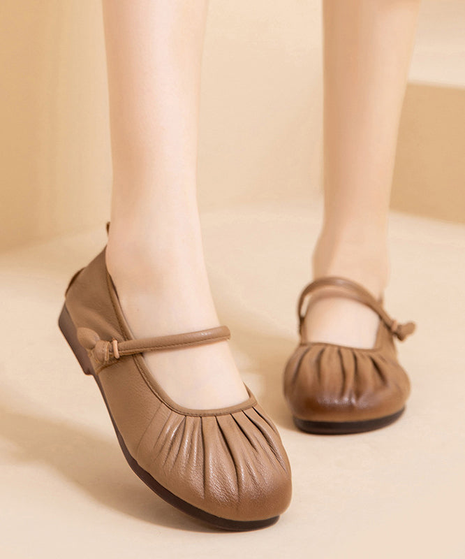 Wrinkled Splicing Cowhide Leather Comfy Women Shoes Flat Brown FashionChic