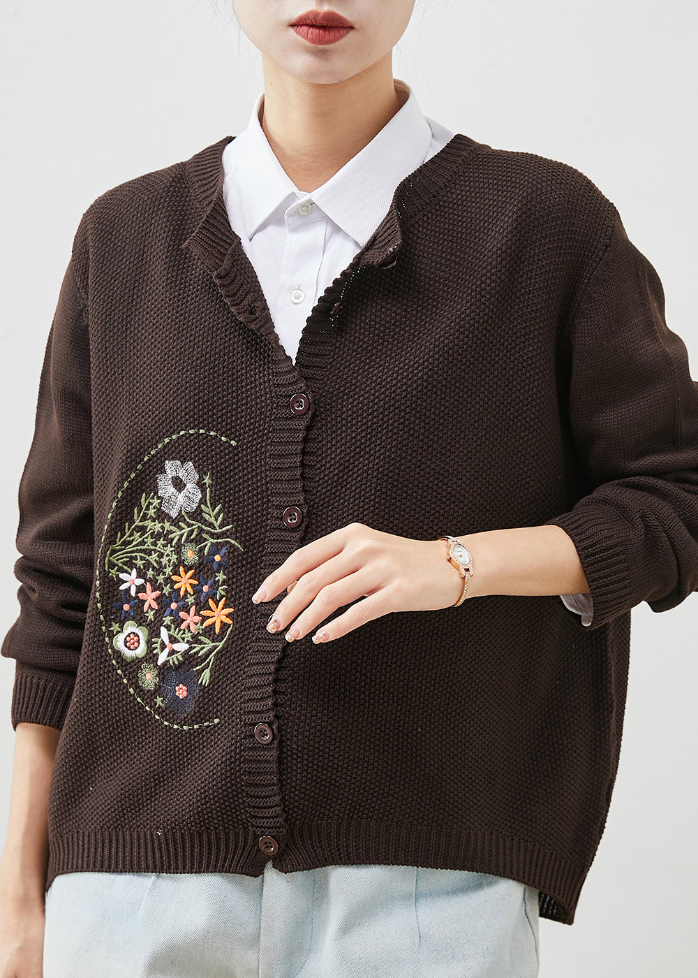 Brown Cozy Knit Cardigan Embroidered Spring YU1044 Ada Fashion