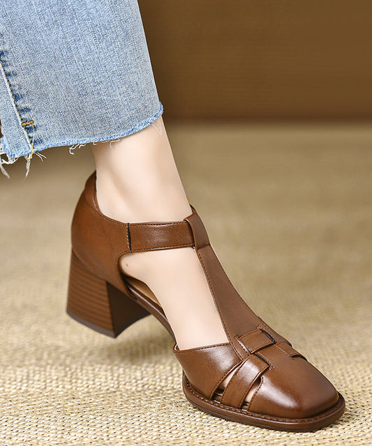 Hollow Cowhide Leather Out Splicing Chic Brown Chunky Sandals FashionChic