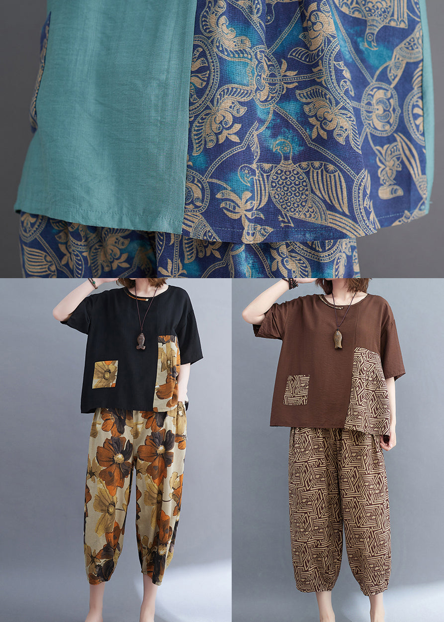 Two Print Summer Patchwork Set Brown Cotton Piece Asymmetrical FashionChic