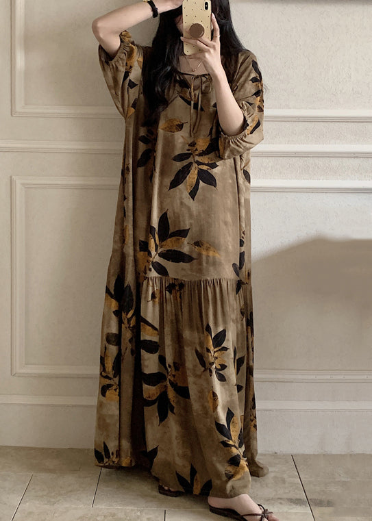 Summer Up Lace Pajamas Cotton Dress Maxi Prin Neck O Brown FashionChic
