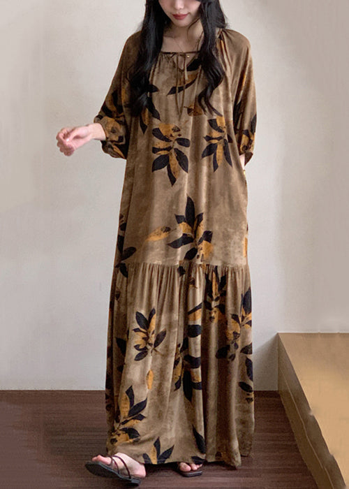 Summer Up Lace Pajamas Cotton Dress Maxi Prin Neck O Brown FashionChic