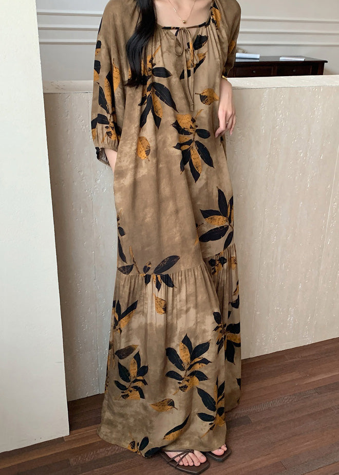 Summer Up Lace Pajamas Cotton Dress Maxi Prin Neck O Brown FashionChic