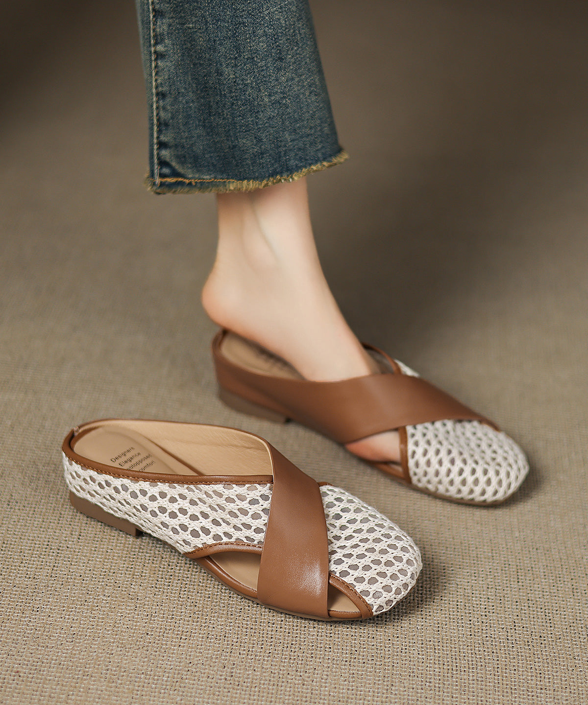 New Slide Sheepskin Sandals Breathable Brown Splicing Mesh FashionChic