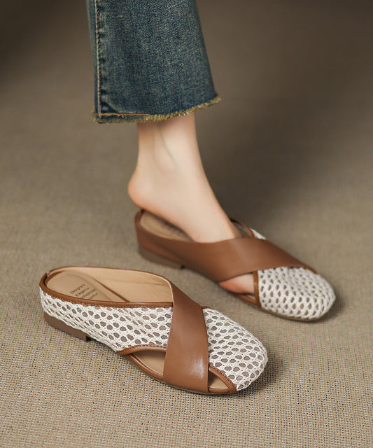 New Slide Sheepskin Sandals Breathable Brown Splicing Mesh FashionChic