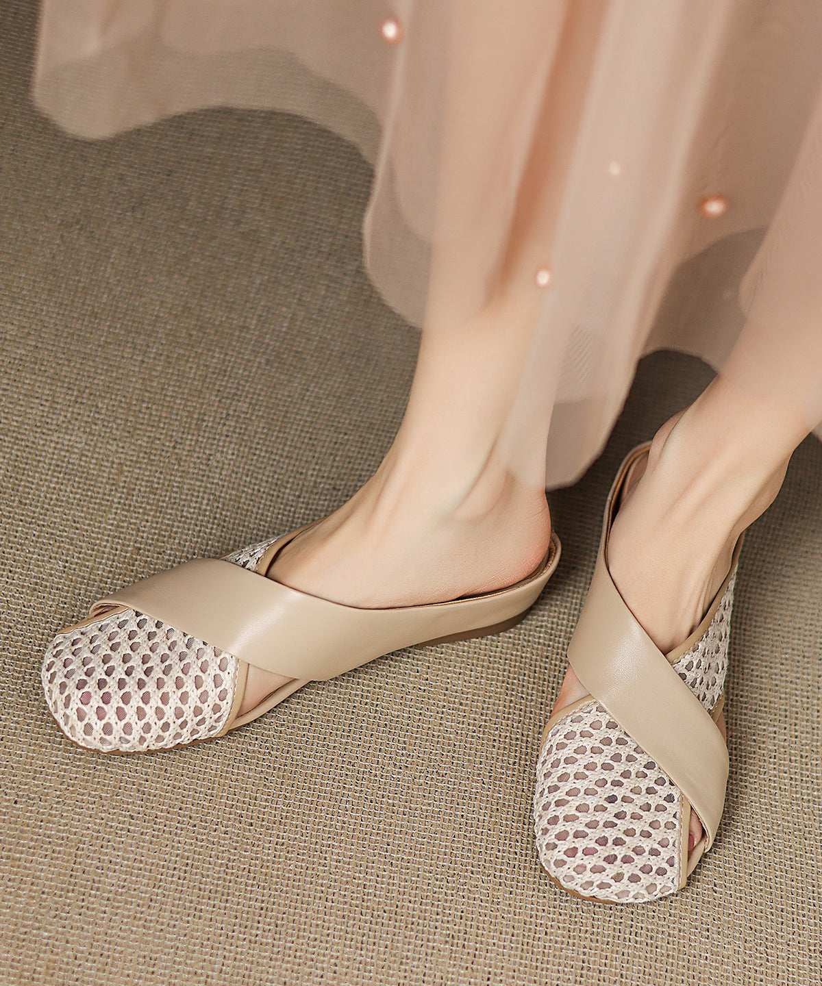 New Slide Sheepskin Sandals Breathable Brown Splicing Mesh FashionChic