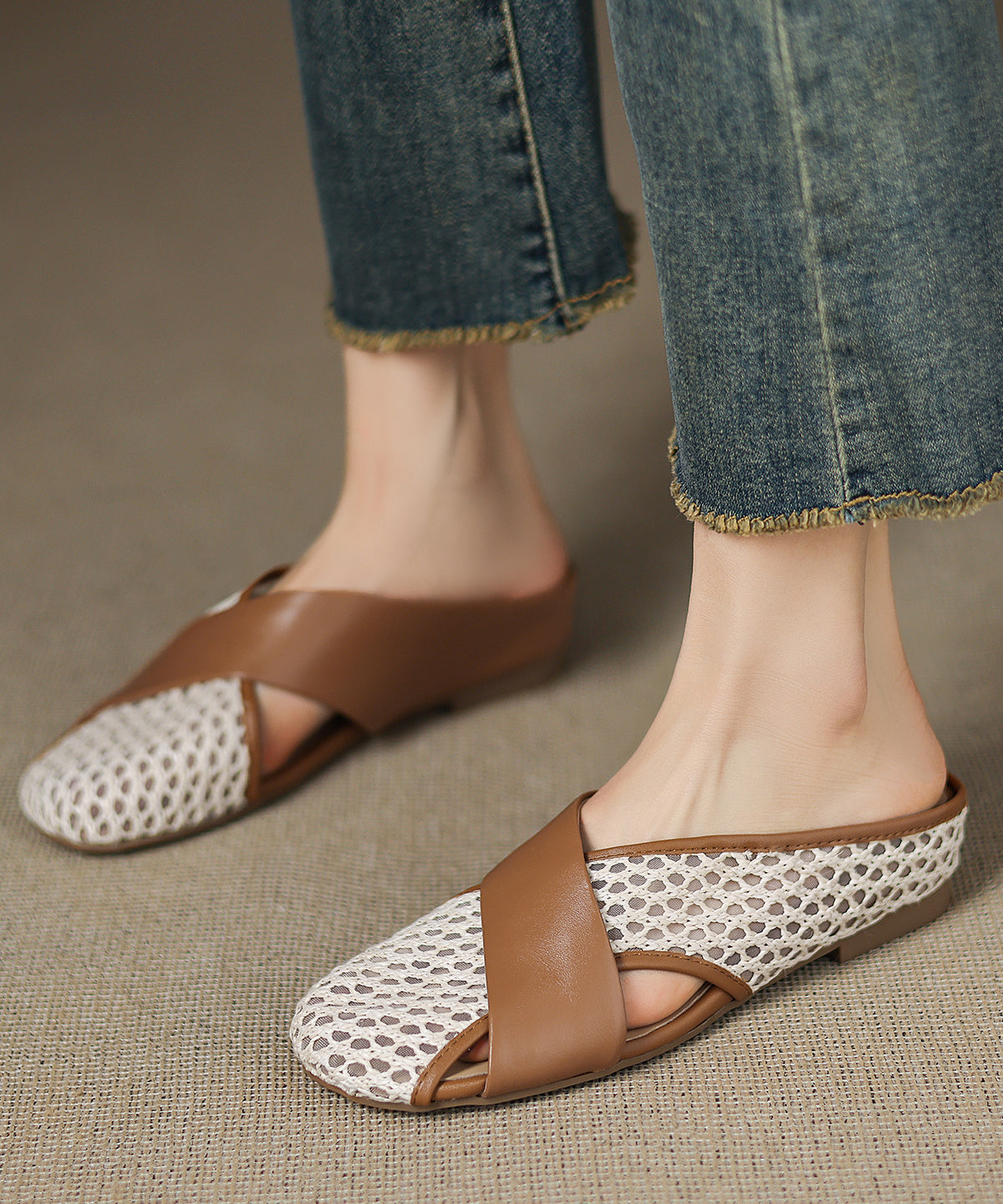 New Slide Sheepskin Sandals Breathable Brown Splicing Mesh FashionChic