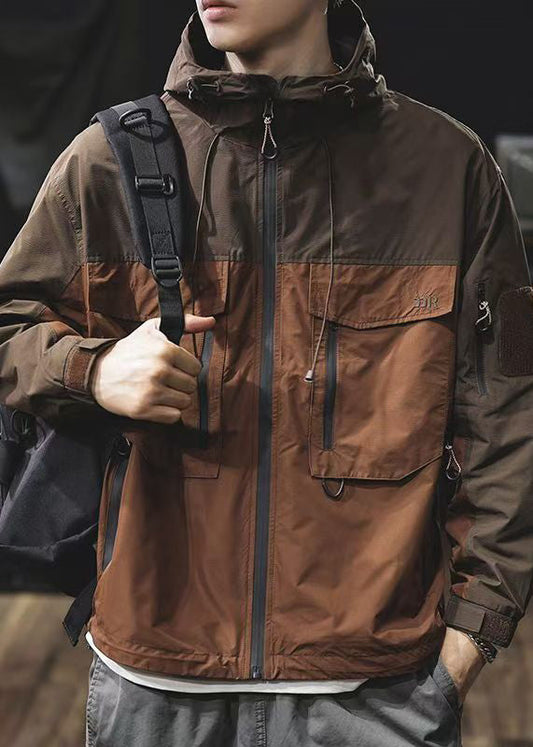 Coat Loose Men Hooded Zippered Pockets Brown Cotton Patchwork FashionChic