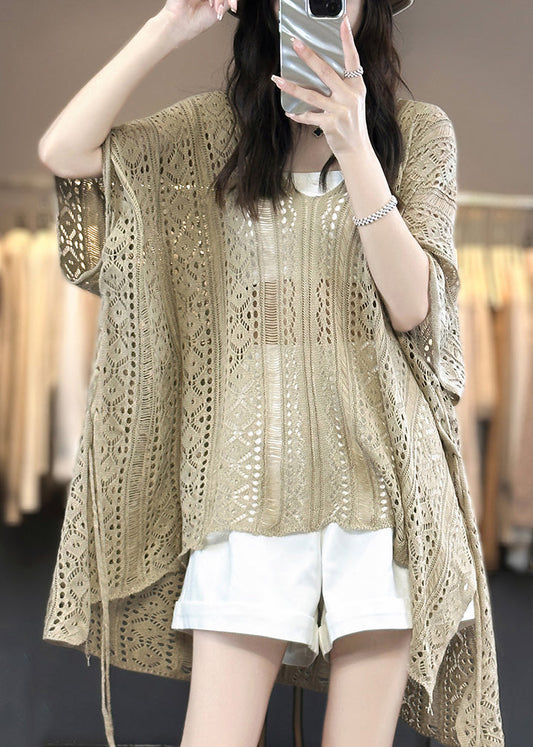 Neck Summer Camel Shirts Out V T Knit Hollow Side Open FashionChic