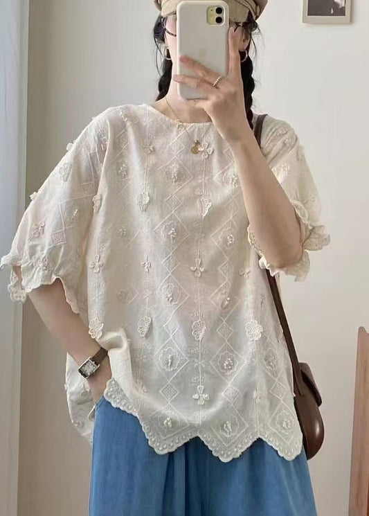 Casual Jacquard Top Apricot Summer Oversized Cotton FashionChic