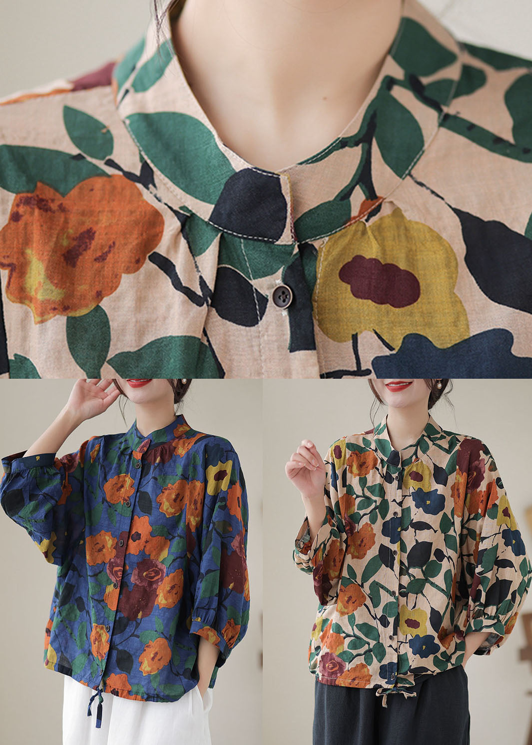 Casual Apricot Stand Collar Print Cotton Shirts Long Sleeve AP052 GK-LTP240718