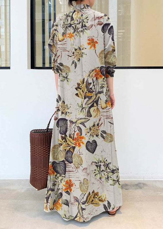 Ankle Cotton Spring Dress Casual Beige Shirt Print Oversized FashionChic