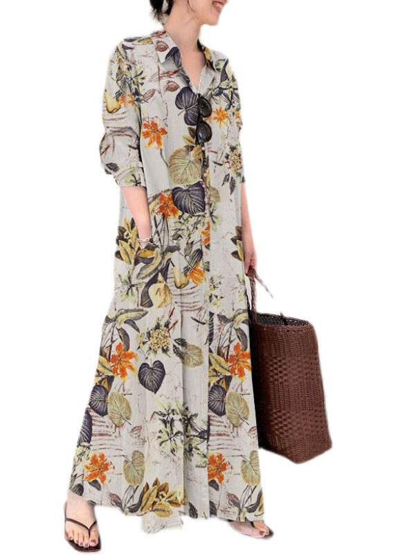 Ankle Cotton Spring Dress Casual Beige Shirt Print Oversized FashionChic