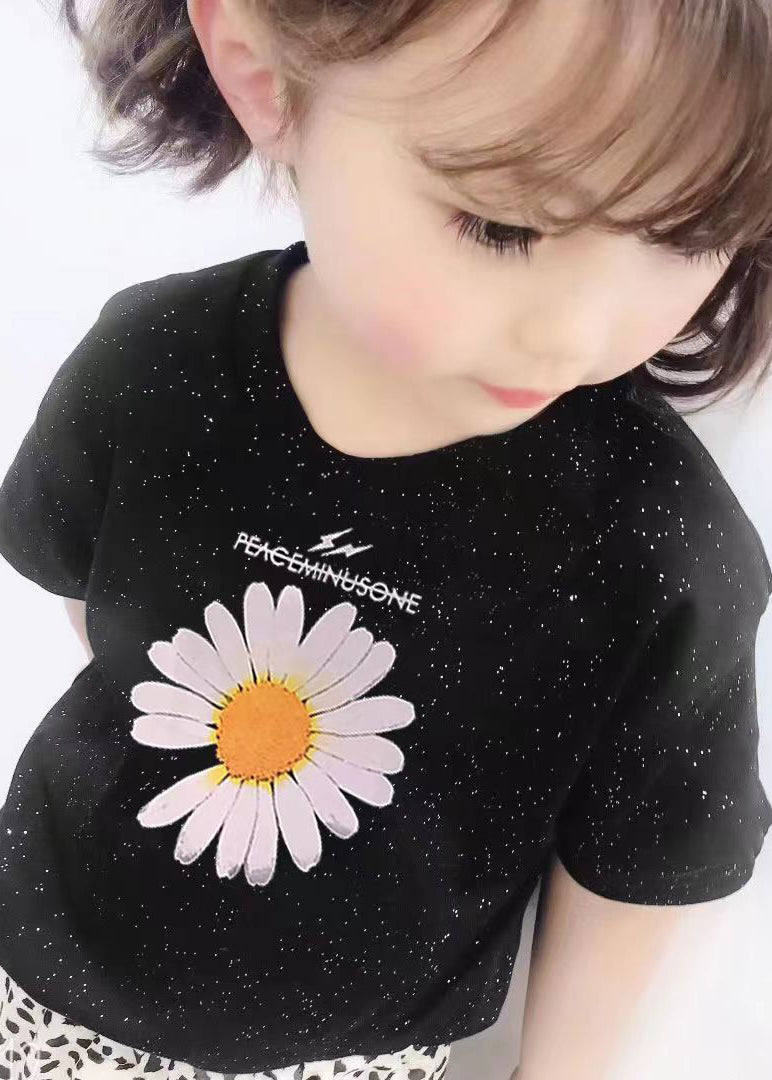 Casual Black O Neck Print Cotton Girls T Shirt Summer YU1031 WS-RCTZ-STP240529