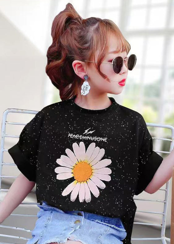 Casual Black O Neck Print Cotton Girls T Shirt Summer YU1031 WS-RCTZ-STP240529