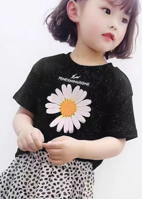 Casual Black O Neck Print Cotton Girls T Shirt Summer YU1031 WS-RCTZ-STP240529