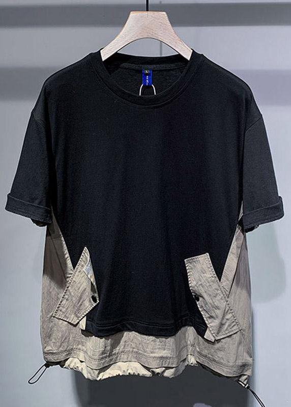 Patchwork T Cotton Black Casual Men Drawstring Oversized Shirt FashionChic