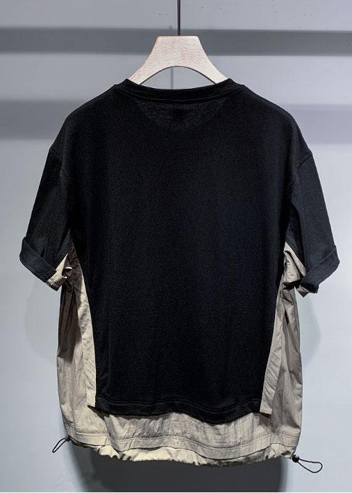 Patchwork T Cotton Black Casual Men Drawstring Oversized Shirt FashionChic