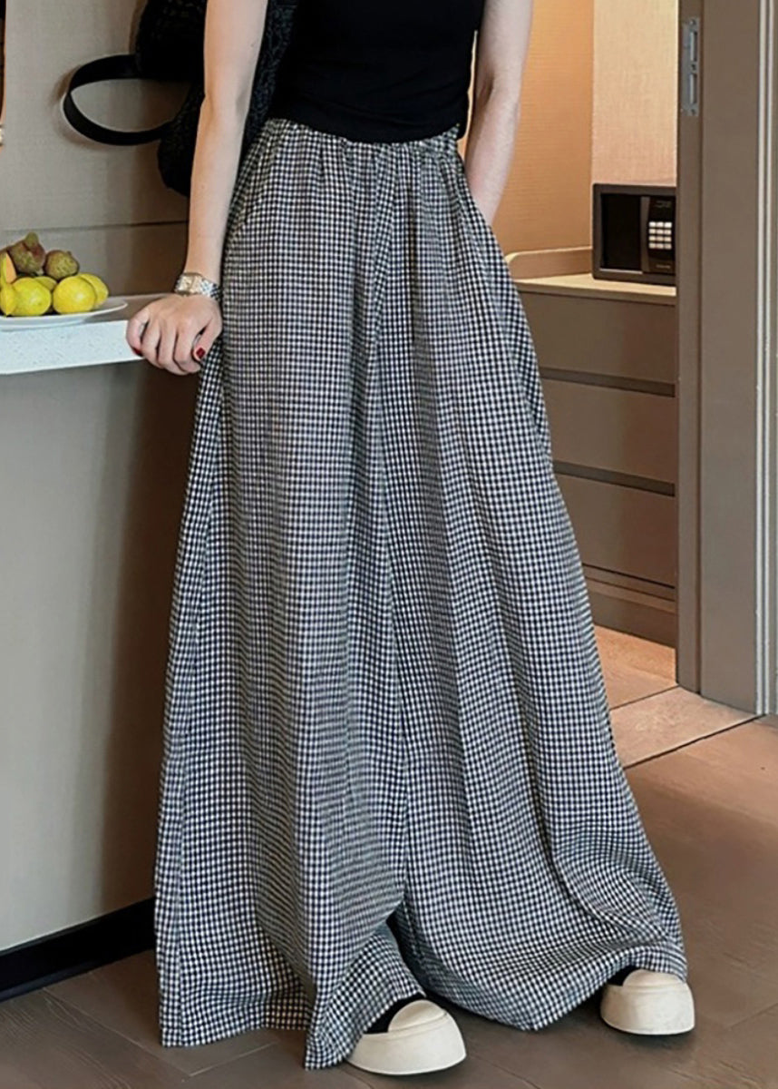 Casual Black Plaid Pockets Elastic Waist Wide Leg Pants VB1045 Ada Fashion