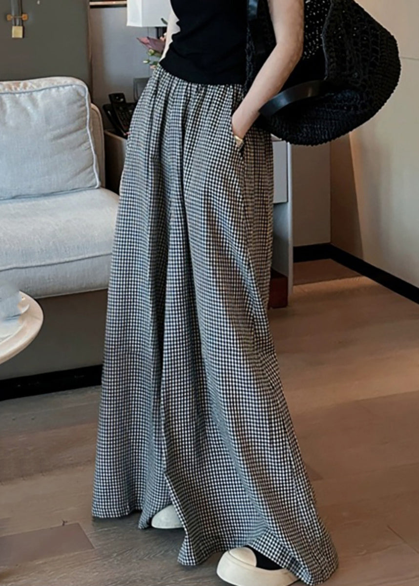 Casual Black Plaid Pockets Elastic Waist Wide Leg Pants VB1045 Ada Fashion