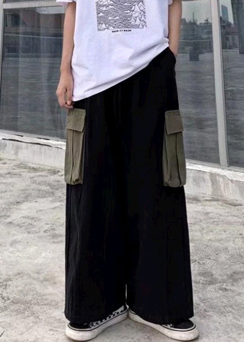Pants Black Cotton Casual Summer Patchwork Leg Men Pockets Wide FashionChic