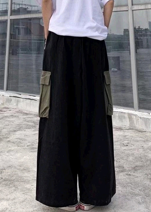 Pants Black Cotton Casual Summer Patchwork Leg Men Pockets Wide FashionChic
