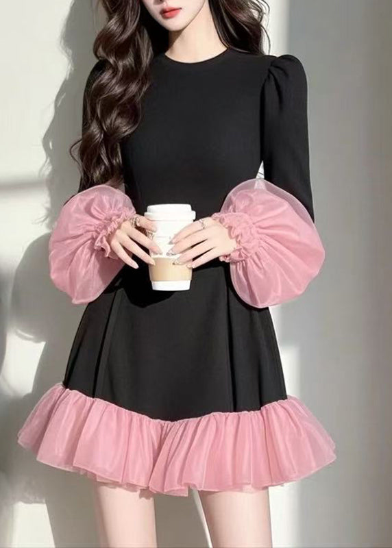 Casual Puff Sleeve Patchwork Black Vacation Dresses Mid Tulle FashionChic
