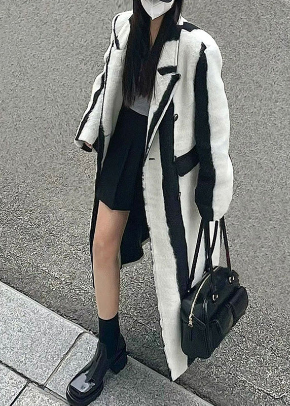 Casual Black White Striped Notched Button Woolen Maxi Coats Winter RP001 ABC