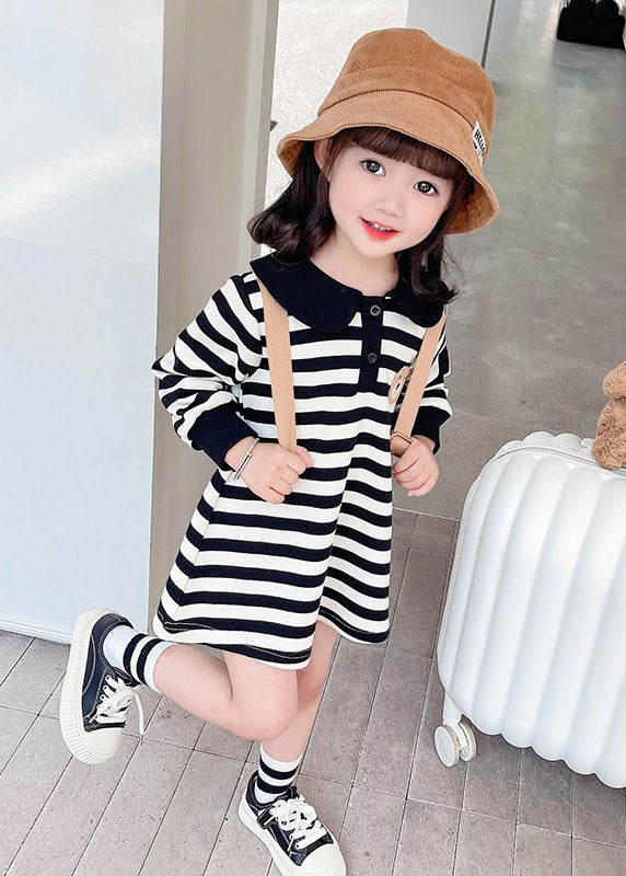 Casual Black White Striped Peter Pan Collar Print Kids Mid Dress Fall SS1051 MM-RCTZ-FDM240601