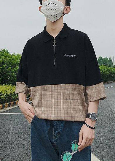 Casual Up Patchwork Black Apparel Men Shirts Zip Cotton Polo FashionChic