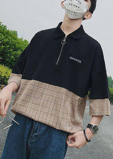 Casual Up Patchwork Black Apparel Men Shirts Zip Cotton Polo FashionChic