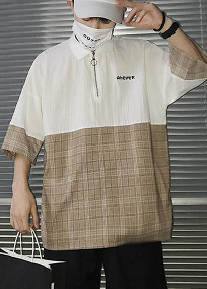 Casual Up Patchwork Black Apparel Men Shirts Zip Cotton Polo FashionChic