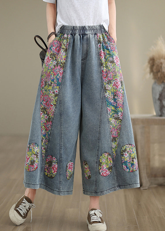Pockets Summer Blue Elastic Crop Casual Jeans Waist Patchwork FashionChic