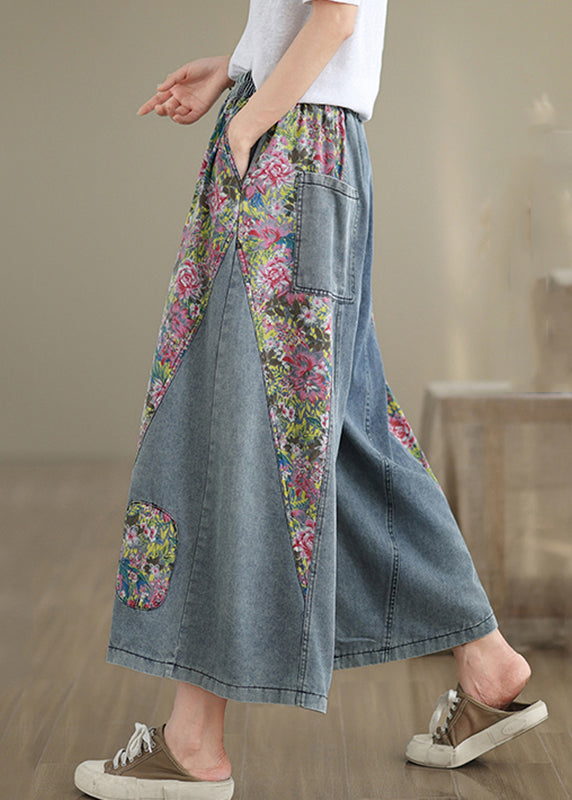 Pockets Summer Blue Elastic Crop Casual Jeans Waist Patchwork FashionChic