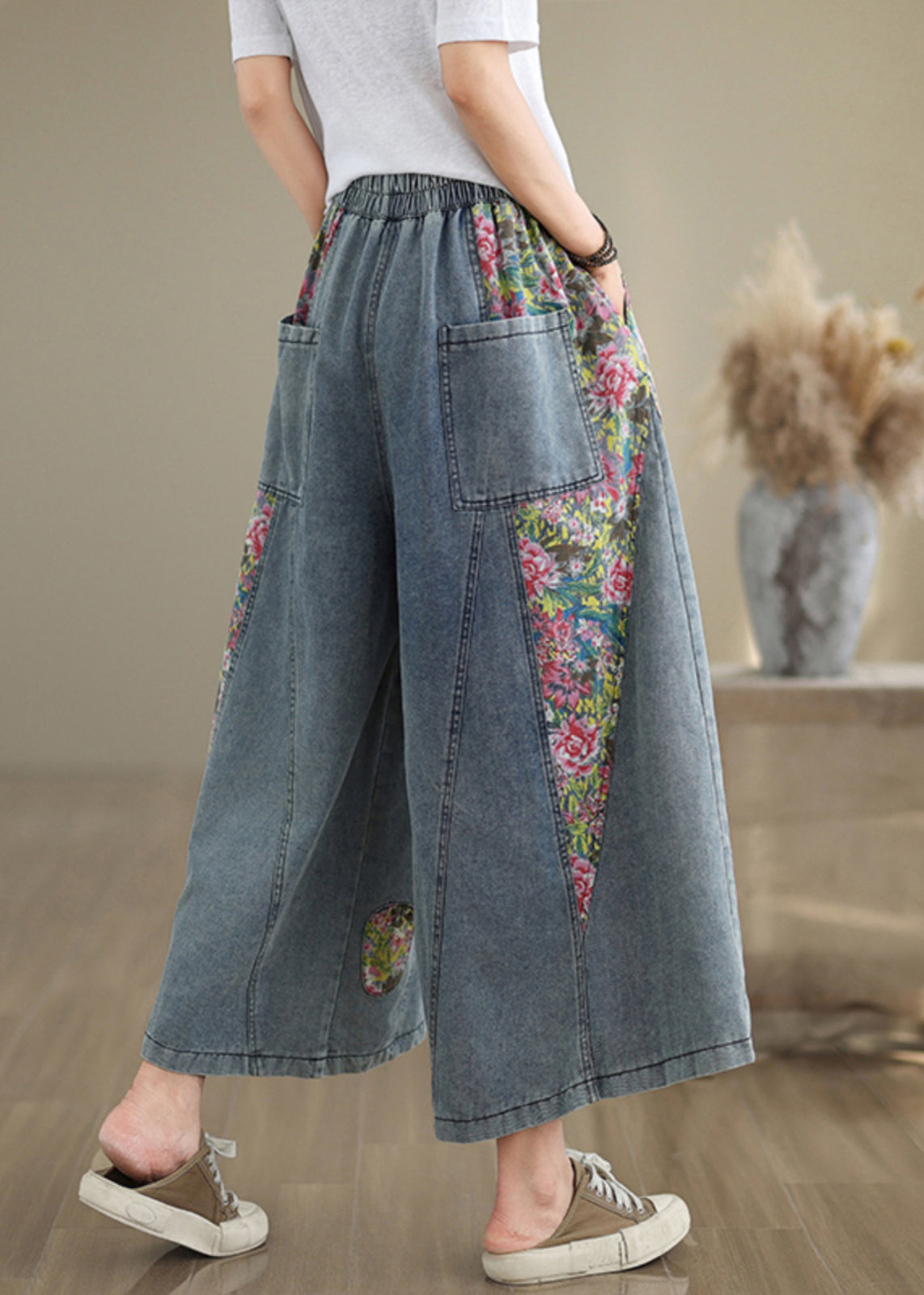 Pockets Summer Blue Elastic Crop Casual Jeans Waist Patchwork FashionChic