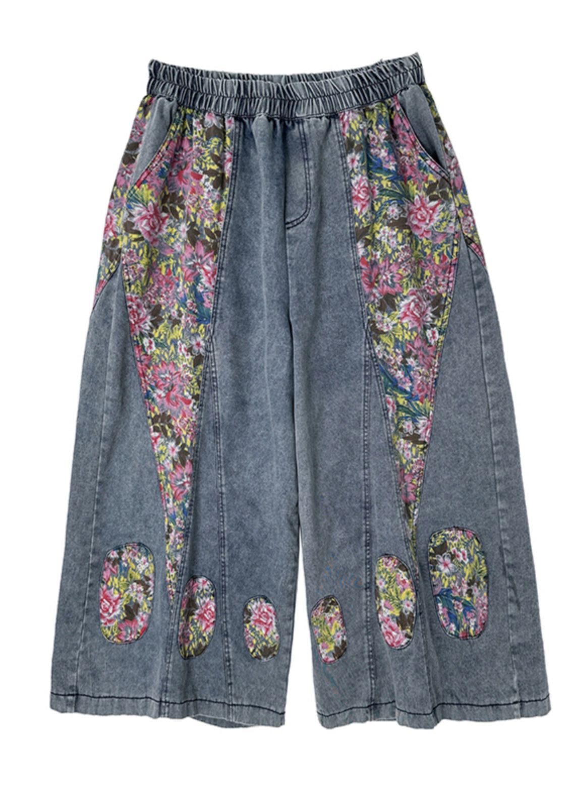 Pockets Summer Blue Elastic Crop Casual Jeans Waist Patchwork FashionChic