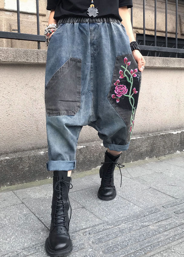 Casual Blue Embroidered Elastic Waist Denim Pants Summer FF061 MZF-LPTS240607