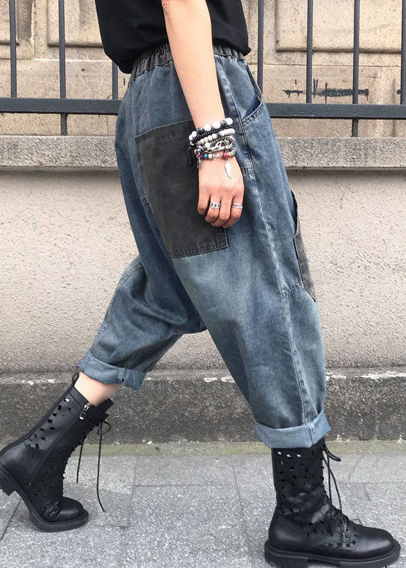 Casual Blue Embroidered Elastic Waist Denim Pants Summer FF061 MZF-LPTS240607