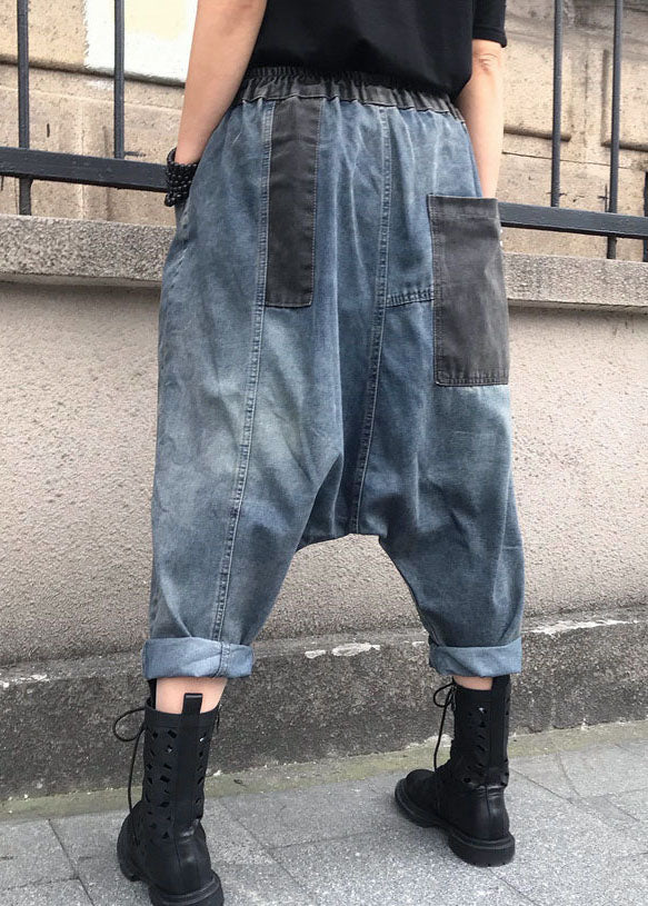 Casual Blue Embroidered Elastic Waist Denim Pants Summer FF061 MZF-LPTS240607