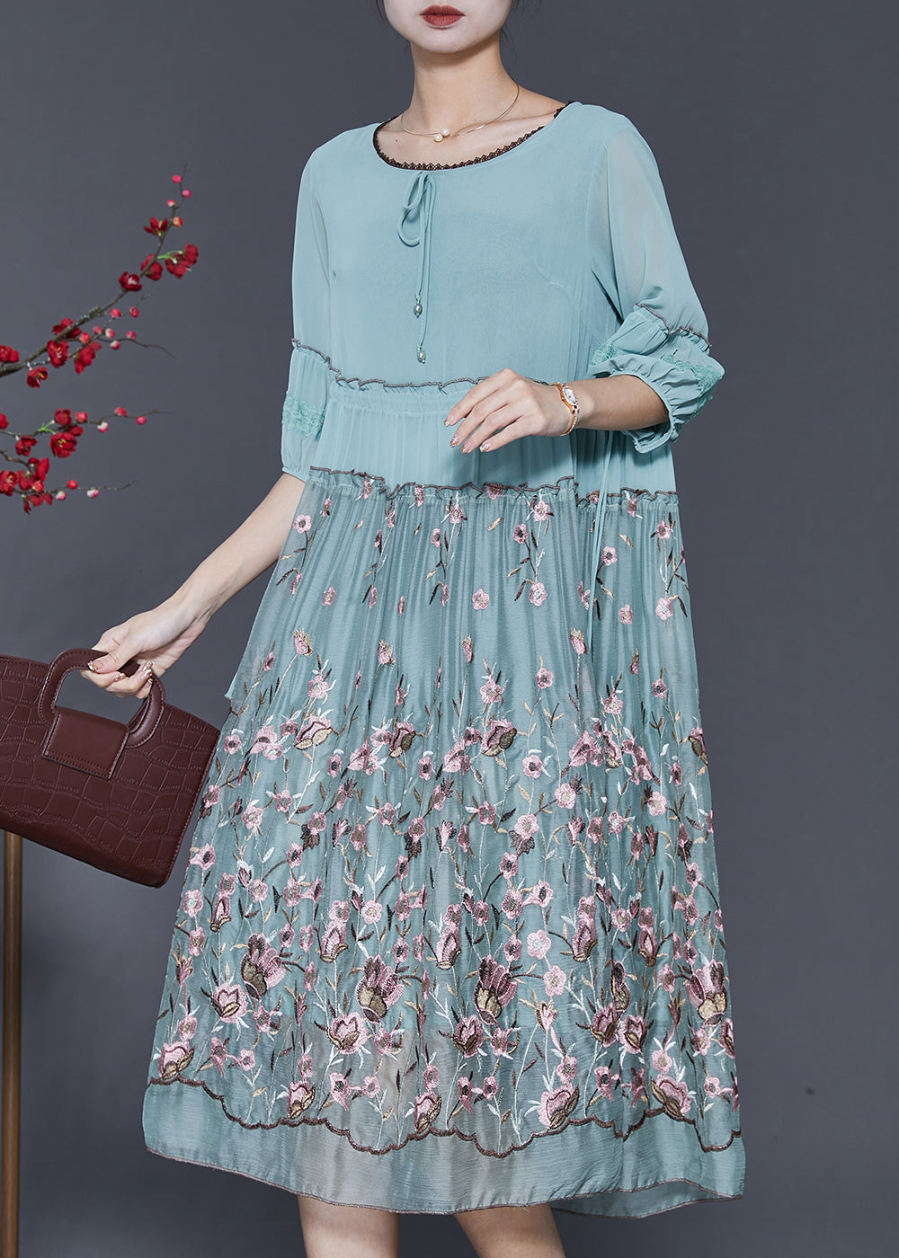 Casual Blue Embroidered Ruffled Silk Dress Half Sleeve SD1097 Ada Fashion